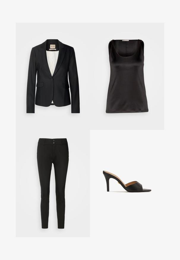 Blazer negro con corte entallado, cierre de un solo botón y dos bolsillos frontales. Forrado con un interior estampado para añadir detalles.; Anna Field by Zalando Top - black; Pantalones negros ajustados hechos de una tela suave, con dos botones frontales y una cintura clásica. Sin patrones ni adornos visibles.; Zapatillas de tacón alto abiertas en la parte delantera, de color negro, con un upper de cuero suave, punta almendrada y un elegante tacón de aguja. Detalle decorativo en tono dorado visible.