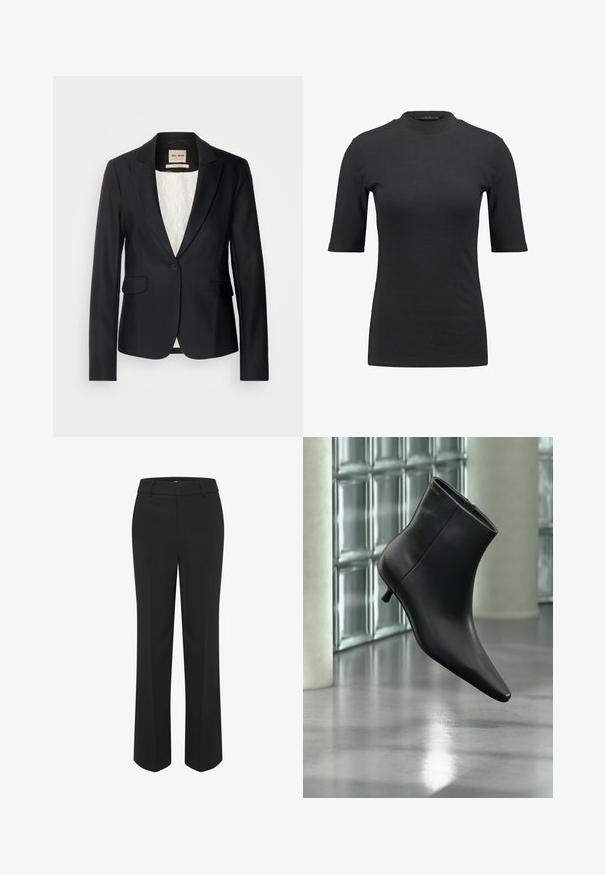 Blazer negro con corte entallado, cierre de un solo botón y dos bolsillos frontales. Forrado con un interior estampado para añadir detalles.; Camiseta negra de canalé con un cuello alto y mangas cortas. Diseño liso y ajustado sin patrones ni detalles de hardware visibles.; Pantalones anchos y negros con una textura suave. Cuentan con una cintura ajustada y líneas limpias y a medida para un diseño minimalista.; Botín negro de cuero con punta puntiaguda y tacón bajo estilo kitten, mostrado en ángulo sobre un suelo pulido y con una pared de bloques de vidrio de fondo.