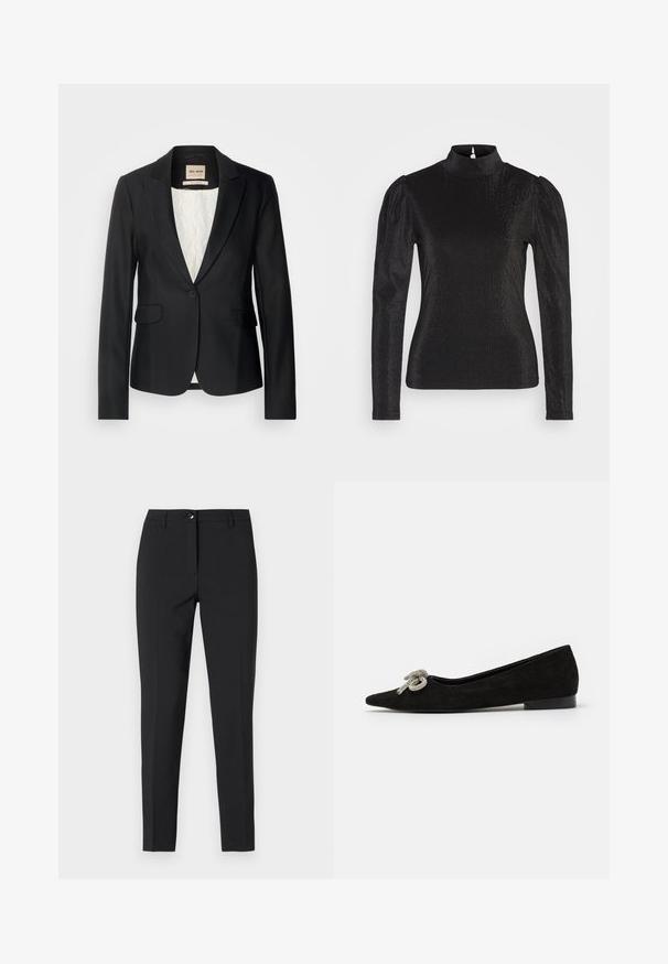 Blazer noir avec une coupe ajustée, fermeture à un bouton et deux poches avant. Doublé d'une intérieur à motif pour un détail supplémentaire.; Chemise noire à manches longues avec un col montant, présentant des épaules bouffantes et un tissu brillant et texturé qui crée un subtil effet scintillant.; Pantalons noirs ajustés en tissu lisse, avec une taille classique, une fermeture éclair sur le devant et des poches latérales au design élégant et sur mesure.; Chaussure plate en suede noir avec un bout pointu, ornée d'un détail de nœud en argent décoratif à l'avant, présentant un petit talon.