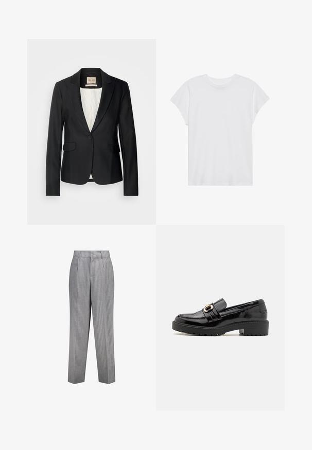Schwarze Blazer mit taillierter Passform, einer einzigen Knopfverschlus und zwei Fronttaschen. Futter mit einem gemusterten Innenleben für zusätzliche Details.; Weißes kurzärmliges T-Shirt mit Rundhalsausschnitt, lockerer Passform, aus weichem Baumwollstoff. Glatte Textur, keine Muster oder Logos.; Grau gestreifte Hose mit maßgeschneiderter Passform, gerade Beinweite, Seitentaschen und einem strukturierten Stoff.; Schwarze Lackleder-Loafer mit einem niedrigen Blockabsatz, die über eine auffällige goldfarbene Schnalle und eine strukturierte, geriffelte Außensohle verfügen.