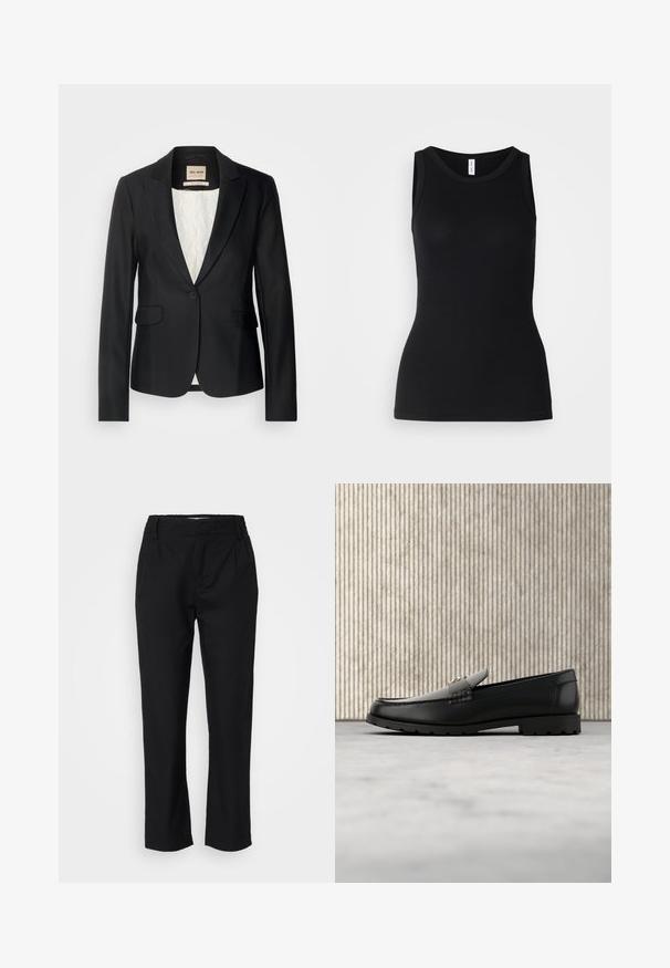 Schwarze Blazer mit taillierter Passform, einer einzigen Knopfverschlus und zwei Fronttaschen. Futter mit einem gemusterten Innenleben für zusätzliche Details.; Schwarzes ärmelloses Tanktop aus geripptem Stoff, mit rundem Ausschnitt und figurbetontem Design, glatter Textur und ohne Muster.; Schwarze Hose aus einem glatten Stoff mit geradem Bein, vorderen Falten und einem elastischen Bund für Komfort. Keine sichtbaren Beschläge.; Schwarze Lederloafers mit einer hervorgehobenen Naht, goldenem Akzentlogo und strukturiertem Riemen. Mit einer dicken, strapazierfähigen Gummisohle.