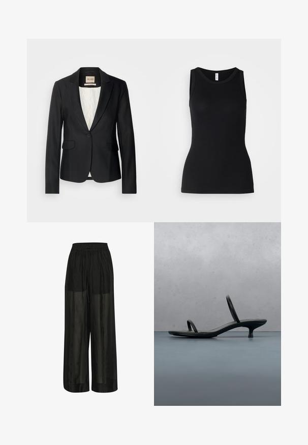 Schwarze Blazer mit taillierter Passform, einer einzigen Knopfverschlus und zwei Fronttaschen. Futter mit einem gemusterten Innenleben für zusätzliche Details.; Schwarzes ärmelloses Tanktop aus geripptem Stoff, mit rundem Ausschnitt und figurbetontem Design, glatter Textur und ohne Muster.; Schwarze weit geschnittene Hose aus transparentem Stoff, mit einem elastischen Bund und einem Kordelzug für eine verstellbare Passform und einer glatten Textur.; Schwarze Calvin Klein Sandalette mit dünnen Riemen und Absatz, balanciert auf Holzfliesen im Freien neben einer Wand und Grünpflanzen.