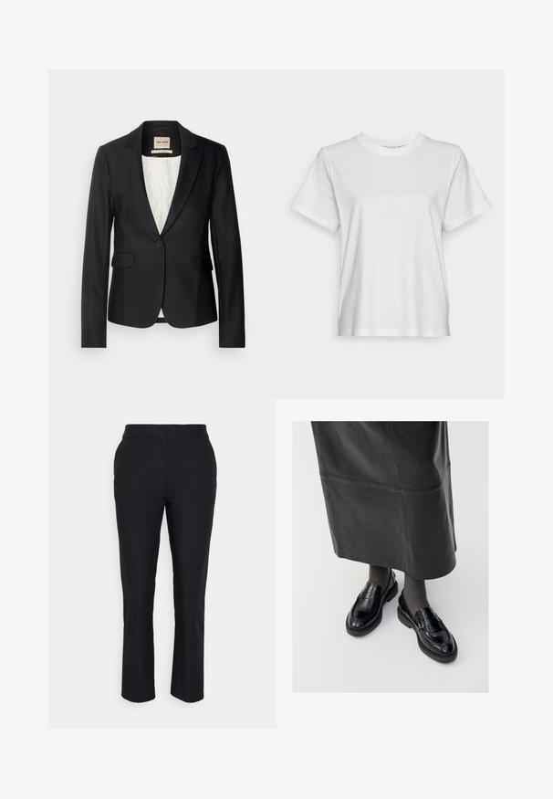 Sort blazer med en skræddersyet pasform, enkelt knaplukning og to forlommer. Foret med et mønstret indre for ekstra detaljer.; Hvid bomulds T-shirt med korte ærmer, rund hals og en afslappet pasform. Glat tekstur, uden mønstre eller grafik, enkel design.; Sorte skræddersyede bukser med lige ben, lavet af glat stof. Har en talje med ingen synlige lukninger eller lommer.; Sorte læder loafers med en glat finish, prydet med en dekorativ rem, rund tå og tekstureret sål. Båret med en lang sort læderskirt.
