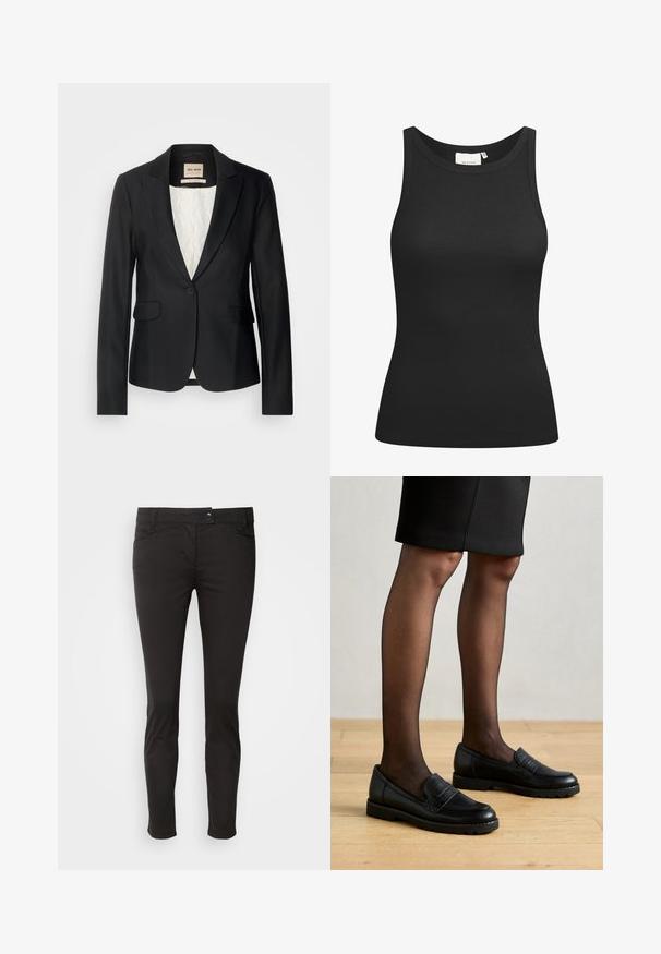Blazer noir avec une coupe ajustée, fermeture à un bouton et deux poches avant. Doublé d'une intérieur à motif pour un détail supplémentaire.; Débardeur noir en tissu côtelé, avec un décolleté en forme de rond et une coupe ajustée. Coutures plates et sans ornements. Design simple et épuré.; Pantalons ajustés noirs en mélange de coton extensible. Comprend cinq poches, une fermeture à bouton à l'avant et des jambes légèrement fuselées.; Mocassins en cuir noir avec un panneau texturé, semelle en caoutchouc et bout rond, portés avec des collants noirs transparents et une jupe ajustée.