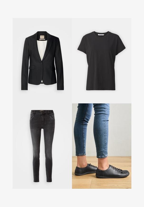 Zwarte blazer met een getailleerde pasvorm, enkele knoopsluiting en twee voorzakken. Voering met een patroon voor extra detail.; Zwarte katoenen t-shirt met een klassieke ronde hals, korte mouwen en een ontspannen pasvorm. Soepele textuur, geen zichtbare patronen of accenten.; Zwarte skinny jeans van denim, met een frontale knoopsluiting, gestudeerde details op de zakken en een gladde textuur.; Zwarte leren schoenen met een ronde neus, lage profiel en vetersluiting. Gecombineerd met blauwe, aansluitende jeans en een houten vloer als achtergrond.