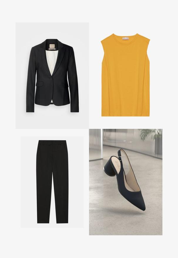 Zwarte blazer met een getailleerde pasvorm, enkele knoopsluiting en twee voorzakken. Voering met een patroon voor extra detail.; Geel mouwloos topje van zachte katoen, met een ronde halslijn en rechte snit, en subtiele stiksels langs de randen.; Zwarte broek met een tailormade ontwerp, voorzien van zijzakken en een rechte pijp. Gemaakt van een soepele, lichte stof met een strakke afwerking.; Zwarte slingback hoge hak met een spitse neus, gladde textuur en een metalen accent op de hak, voorzien van een kleine verstelbare gesp.