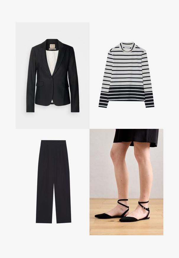 Čierny blazer s prispôsobeným strihom, s jedným gombíkom a dvoma prednými vreckami. Podšitý vzorovaným interiérom pre dodatočný detail.; Dlhý rukáv z bavlny s horizontálnymi čierno-bielymi pruhmi, vysokým golierom a voľným strihom so bočnými rozparkom.; Čierne nohavice s širokými nohavicami vyrobené z hladkej tkaniny, s plisovaním, plochým pásom a bez viditeľných vreciek alebo ozdôb.; Čierne semišové ploché sandále s špicatou špičkou, disponujúce členkovými remienkami, ktoré sa prekrývajú a majú zapínanie na pracku. Hladká textúra a minimalistický dizajn.