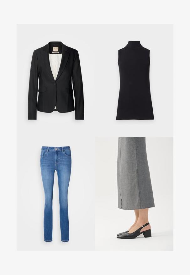 Blazer noir avec une coupe ajustée, fermeture à un bouton et deux poches avant. Doublé d'une intérieur à motif pour un détail supplémentaire.; Haut sans manches noir en col roulé, fabriqué à partir d'un tissu lisse. Design ajusté avec un col haut et un ourlet droit, minimaliste et de couleur unie.; Jean en denim bleu avec une coupe slim, cinq poches et un motif légèrement délavé. Fabriqué à partir d'un tissu doux et extensible, avec une fermeture à bouton standard.; Chaussures slingback en cuir noir avec bout pointu, talon bloc et accent de talon rose contrastant. Texture lisse avec un design minimaliste.