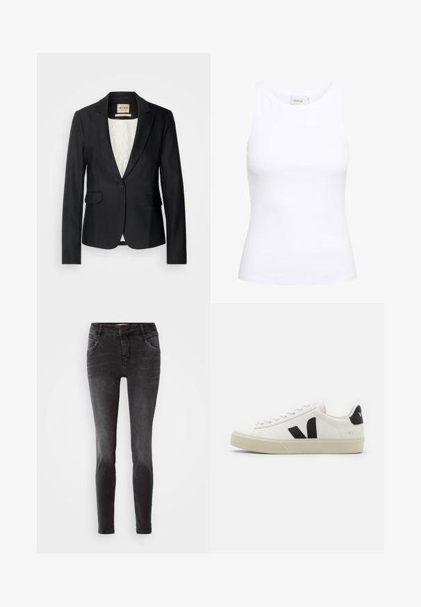 Zwarte blazer met een getailleerde pasvorm, enkele knoopsluiting en twee voorzakken. Voering met een patroon voor extra detail.; Witte geribde tanktop met een ronde halslijn en zonder mouwen. Rekbaar materiaal en een aansluitend ontwerp. Het label op de achterkant zegt "GESTUZ."; Zwarte skinny jeans van denim, met een frontale knoopsluiting, gestudeerde details op de zakken en een gladde textuur.; Witte leren sneaker met zwart rubberen V-logo. Getextureerde off-white zool, witte veters en een achterkant met een detail van de merknaam in het zwart.