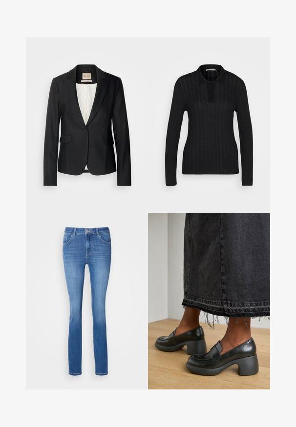 Sort blazer med en skræddersyet pasform, enkelt knaplukning og to forlommer. Foret med et mønstret indre for ekstra detaljer.; Anna Field Poloshirts - black; Blå denim jeans med en tætsiddende pasform, fem lommer og et diskret falmet mønster. Fremstillet af blødt, strækbart stof med en standard knaplukning.; Sorte læder sko med blokhæl, rund tå og syede detaljer. Båret med en slidset kant, mørk denimnederdel på et trægulv.