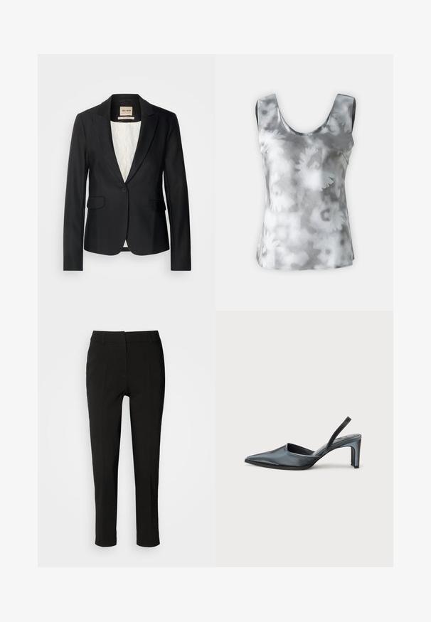 Blazer noir avec une coupe ajustée, fermeture à un bouton et deux poches avant. Doublé d'une intérieur à motif pour un détail supplémentaire.; Haut sans manches à motif floral gris et blanc, fabriqué en tissu lisse avec un col rond et un design minimaliste.; Pantalons noirs ajustés avec une coupe slim, devant plat et sans poches visibles, offrant une texture lisse et une finition soignée au bas.; Escarpin noir à bride arrière avec un bout pointu, une finition satinée élégante et un talon fin de 7,5 cm. Design latéral ouvert avec des détails de couture minimalistes.