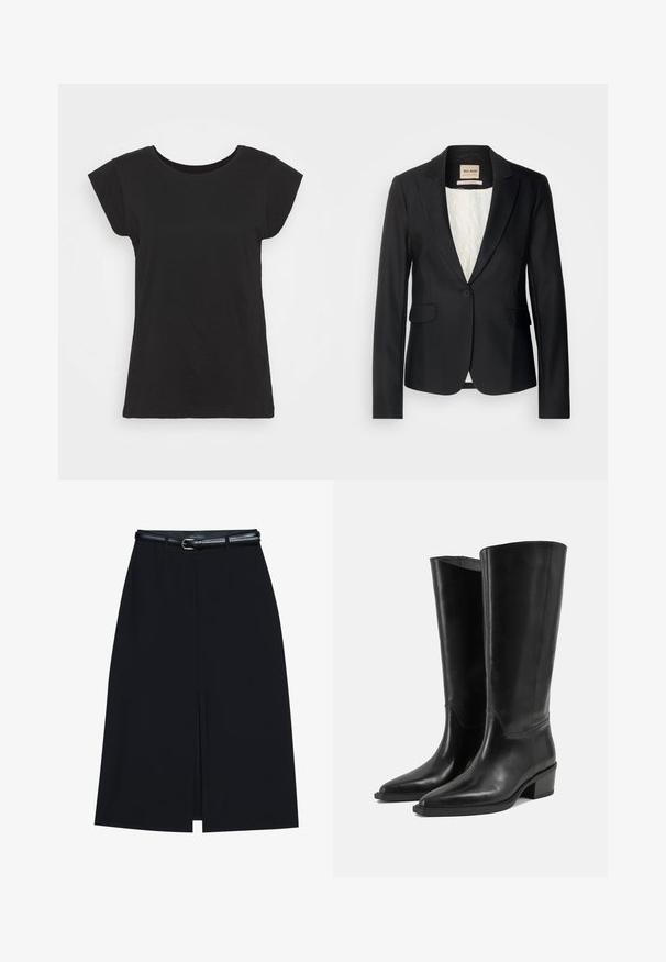 Blazer negro con corte entallado, cierre de un solo botón y dos bolsillos frontales. Forrado con un interior estampado para añadir detalles.; Camiseta de algodón negra con manga corta tipo cap sleeve, escote redondo y un corte relajado. Textura suave sin patrones ni adornos visibles.; Falda negra hasta la rodilla con una abertura en la parte delantera, hecha de tejido suave. Presenta un delgado cinturón negro con una hebilla plateada y pasadores para el cinturón.; Par de botas altas de cuero negro con tacones bajos de bloque y puntas puntiagudas sobre un fondo claro y liso.