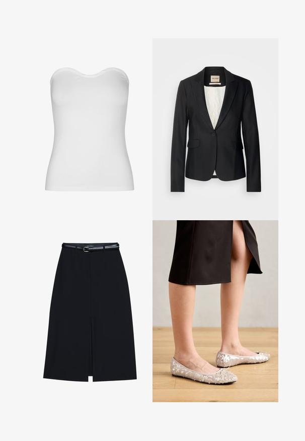 Blazer noir avec une coupe ajustée, fermeture à un bouton et deux poches avant. Doublé d'une intérieur à motif pour un détail supplémentaire.; Haut blanc sans bretelles fabriqué en tissu léger et extensible. Présente une texture lisse, un col incurvé et un design ajusté. Pas de coutures visibles.; Jupe noire à mi-cuisse avec une fente frontale, fabriquée en tissu lisse. Comprend une fine ceinture noire avec une boucle en argent et des passants.; Ballerines en sequins beiges avec un bout rond, ornées d'un accent nœud, associées à une jupe noire, exposées sur un sol en bois.
