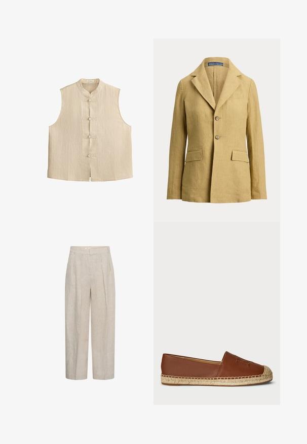 Blazer en lin beige avec deux boutons, revers crantés, poche poitrine et deux poches avant à rabat de Polo Ralph Lauren.; Veste sans manches beige avec col mandarin et quatre fermetures à boutons noués traditionnels sur le devant, présentant des fines rayures verticales.; Pantalon beige taille haute à jambes larges avec plis devant et passants de ceinture, fabriqué en tissu de lin texturé.; Espadrille plate en cuir marron avec une semelle en jute tressé, bout rond et détail embossé sur le dessus. Texture lisse avec un design cohérent.