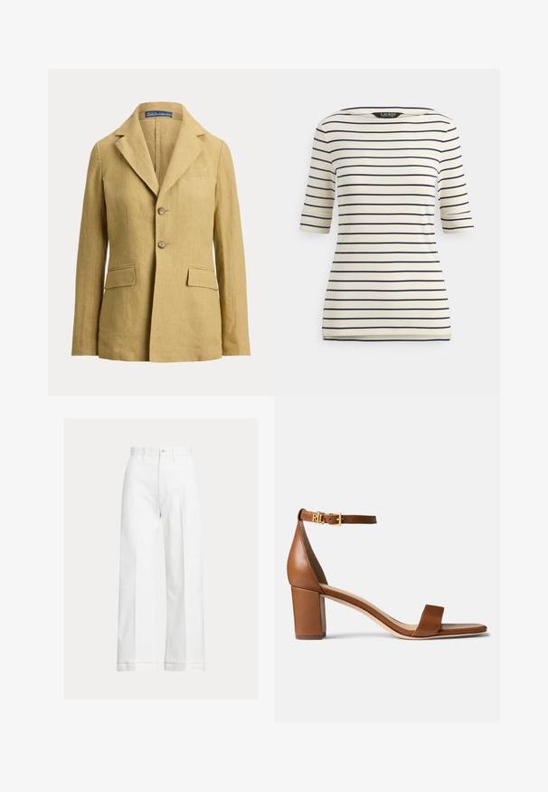 Blazer de lino beige con dos botones, solapas con muesca, bolsillo en el pecho y dos bolsillos delanteros con solapa de Polo Ralph Lauren.; Camiseta de rayas en crema y azul marino, con mangas tres cuartos, escote barco y pequeñas aberturas laterales en el dobladillo.; Pantalones blancos de pierna ancha hechos de algodón, con cintura alta, cierre de botones y líneas sutiles de pliegue que recorren la parte delantera.; Lauren Ralph Lauren LOGAN BURNISHED LEATHER SANDAL - Sandalias - deep saddle tan