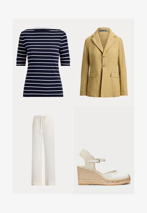 Beige linnen blazer met twee knopen, kniplapjes, borstzak en twee frontale klepzakken van Polo Ralph Lauren.; Marineblauw overhemd met witte horizontale strepen en ellebooglange mouwen, afgebeeld op een eenvoudige lichte achtergrond.; Loszittende witte broek met elastische tailleband en trekkoord, getoond tegen een effen achtergrond.; Witte espadrille wedge sandaal met geweven bovenkant en enkelbandje. Beschikt over een jute-wrapped plateau en een gestructureerde loopzool. Rond neusontwerp.