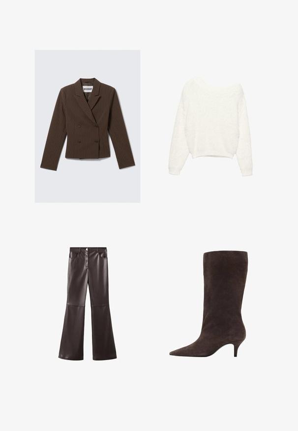 Bruine gestreepte dubbele blazer met een gelapte revers, lange mouwen en twee knopen aan de voorkant; gestructureerd tailleontwerp.; Witte, zachte trui met lange mouwen, een brede boothals en een licht ingekorte zoom.; Bruine broek van kunstleer met uitlopende pijpen, voorzien van een hoge taille, steekzakken aan de voorkant en een gladde textuur, met subtiele naaddetails op de knieën.; Bruine suède kniehoogte laars met een spitse neus en een mid-hoge hak, met een gladde textuur en een slank ontwerp.