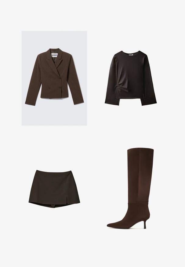 Brun pinstribet dobbeltbrystet blazer med slåede revers, lange ærmer og to knapper foran; struktureret talje-design.; Sort langærmet skjorte med rund halsudskæring og en lille rynket detalje på venstre side nær taljen.; Sort, højhøjtaljet skort med en lille sidelomme, som kombinerer en nederdel foran med påsyede shorts nedenunder til aktivt brug eller afslappet brug.; Brun knæhøj støvle lavet af glat materiale, med spids tå og en slank, høj hæl. Sømløst design med minimale accenter.