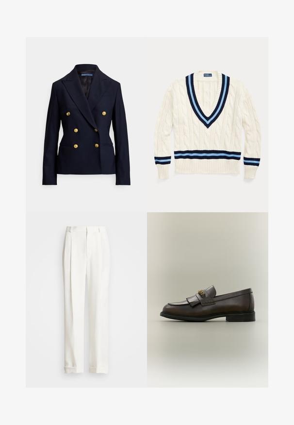 Marineblå dobbeltradet blazer med seks guldknapper og hakkede reverser, med en skræddersyet pasform og to forlommer.; Cremefarvet kabelstrik sweater med V-hals, der har marineblå og lyseblå striber på kraven og nederste kant.; Hvide skræddertrousers med to frontplisseringer, lige snit og opfoldede kanter. Fremstillet af glat stof og har et klassisk design.; Mørkebrun læderloafer med frynser og guldbeslag på sort sål, vist fra siden på en neutral baggrund.