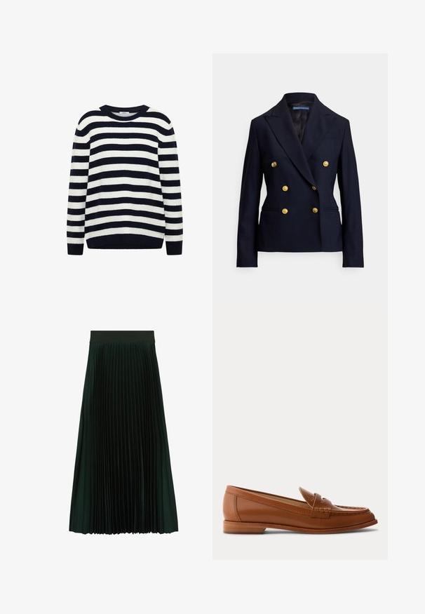 Marineblå dobbeltradet blazer med seks guldknapper og hakkede reverser, med en skræddersyet pasform og to forlommer.; Stribet sweater i marineblå og hvid, lavet af blødt materiale, med rund hals og ribstrikkede manchetter og kant.; Mørkegrøn plisseret midi-nederdel med bred talje, designet til en flydende og struktureret pasform.; Brun læderloafer med lavt træsål, klassisk penny-rem og syet detalje langs tå og sider.