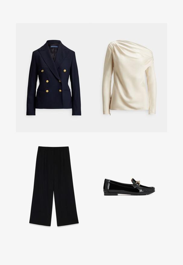 Marineblå dobbeltradet blazer med seks guldknapper og hakkede reverser, med en skræddersyet pasform og to forlommer.; Langærmet satinbluse i off-white med draperet design og asymmetrisk halsudskæring, med tekstureret stof og minimalistisk lynlåsdetaillering i siden.; Sorte vide bukser lavet af glat stof, der har læg foran, en mellemhøj talje og ingen synlige lukninger eller pynt.; Sorte loafers i lakeret læder med en guldfarvet detalje, elegant design, flad sål og subtilt syningsmønster på tåen.