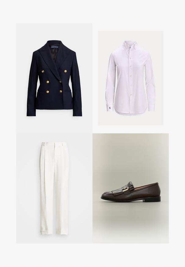 Marineblauwe dubbelgeknoopte blazer met zes gouden knopen en verzonken revers, met een getailleerde pasvorm en twee voorzakken.; Witte blouse met lange mouwen, knoopsluiting, een knoopsluitkraag en een klein geborduurd logo op de linkermanchet.; Witte op maat gemaakte broek met twee voorplooien, rechte snit en omgeslagen zoom. Gemaakt van een gladde stof, met een klassiek ontwerp.; Donkerbruine leren loafer met franje-detail en gouden gesp op een neutrale achtergrond, zijaanzicht.