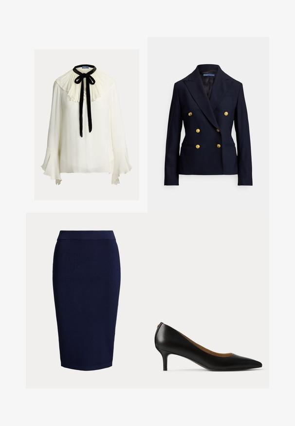 Marineblauwe dubbelgeknoopte blazer met zes gouden knopen en verzonken revers, met een getailleerde pasvorm en twee voorzakken.; Witte blouse met een geplooide, gerimpelde kraag, zwarte fluwelen strik en drie knopen aan de voorkant. Uitlopende mouwen met een doorschijnende textuur.; Donkerblauwe geribbelde gebreide kokerrok met een aansluitende pasvorm en een middenlange zoom.; Zwarte leren pump met puntige neus, lage kittenhak en een gladde afwerking, zijaanzicht op een effen lichte achtergrond.