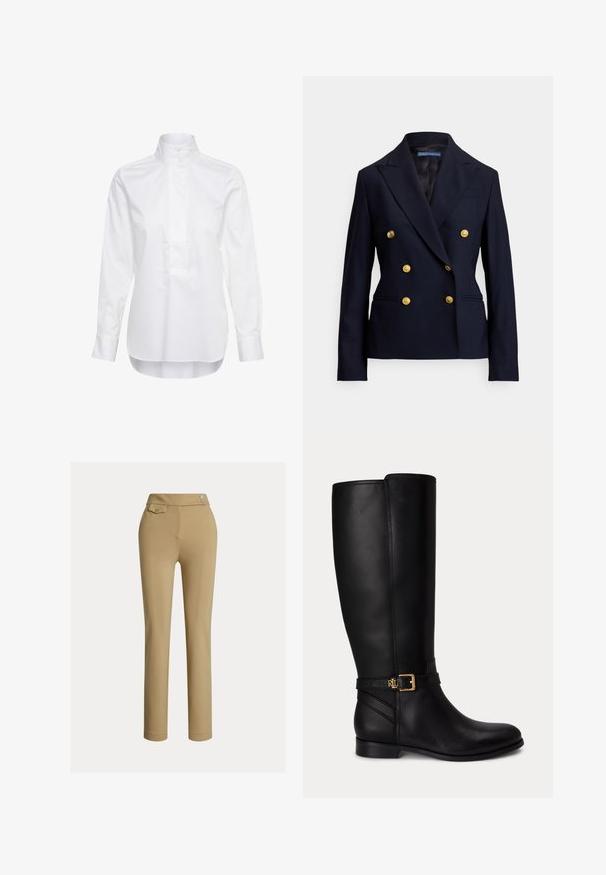 Blazer croisé bleu marine à six boutons dorés et revers crantés, arborant une coupe ajustée et deux poches avant.; Chemise blanche à manches longues avec un col montant et deux boutons, dotée d’une patte de boutonnage à l’avant et d’un ourlet légèrement arrondi.; Pantalons slim beige pour femmes avec taille haute, deux boutons sur le côté et une petite poche à rabat boutonnée près de la taille.; Botte noire en cuir montante jusqu'au genou avec talon bas, boucle dorée et petit logo embossé sur la sangle latérale.