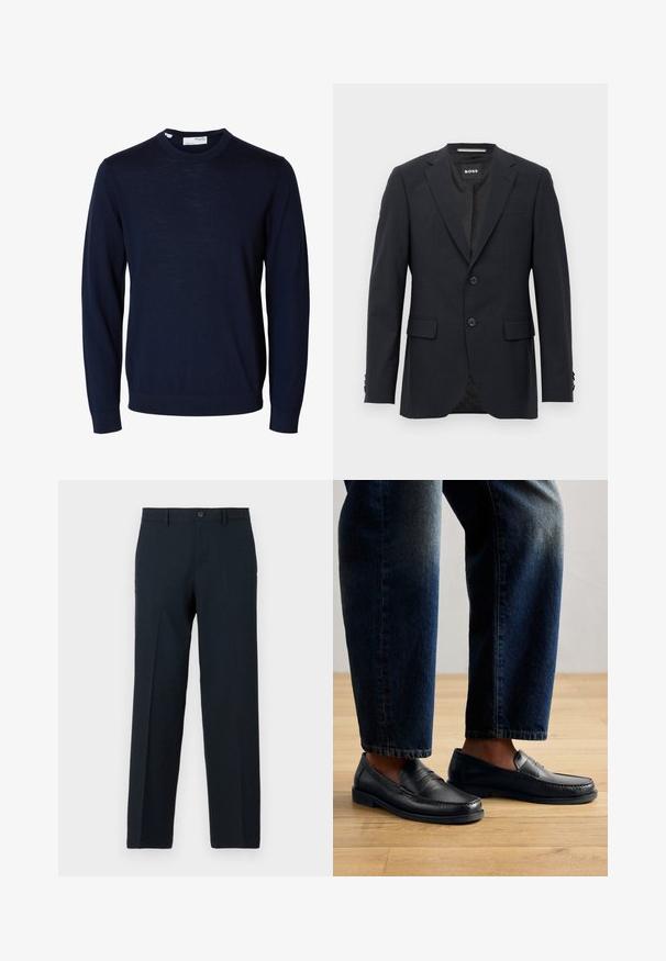 Dunkelgrauer, maßgeschneiderter Blazer mit dezentem Karomuster, Reverskragen, zwei vorderen Knöpfen, Klappentaschen und einem Markeninnenschild.; Marineblauer Langarmpullover mit Rundhalsausschnitt, gerippten Bündchen und Saum, gefertigt aus feinem Strickstoff.; Schwarze Slim-Fit-Hose mit Knopf- und Reißverschluss, Gürtelschlaufen und geradem Bein.; Schwarze Lederlofer mit gestickten Details und strukturierten Akzenten, getragen mit dunklem Denim, der ein lässiges und schlankes Design zur Schau stellt.