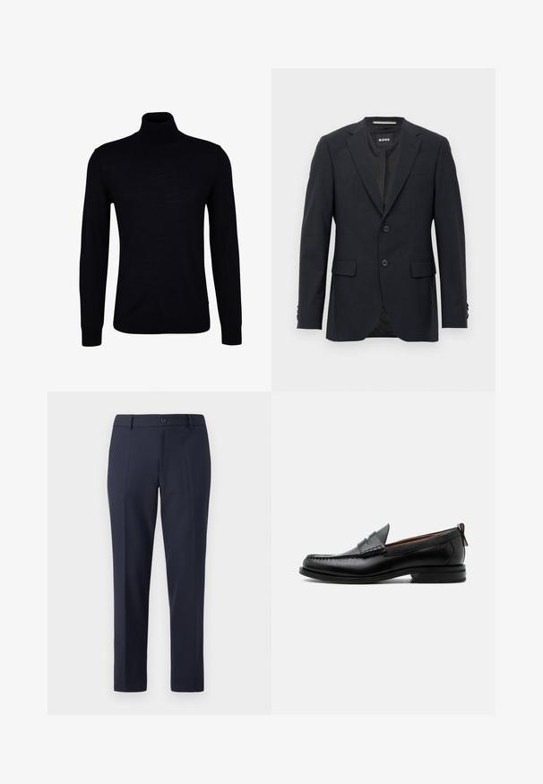 Mørkegrå skræddersyet blazer med subtilt ternet mønster, klapkrave, to frontknapper, klaplommer og mærket indvendig label.; Sort turtleneck sweater i glat strikstof. Har lange ærmer, en tætsiddende hals og ribbede manchetter og kant for en tætsiddende pasform.; Marinebukser lavet af glat stof, med lige snit, bæltestropper og en enkelt knaplukning i taljen.; Sort læder herre loafer med moc-tå syning, penny strop, struktureret krave og lav stablet hæl på hvid baggrund.