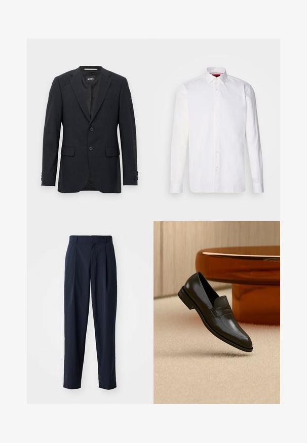 Tmavo šedý schopne prešitý blazer s jemným kockovaným vzorom, klopovými chlopňami, s dvoma prednými gombíkmi, s vreckami na chlopniach a so značkovým vnútorným štítkom.; Biela košeľa s dlhým rukávom vyrobená z bavlny, s klasickým golierom, predným zapínaním na gombíky a hladkou textúrou. Červený detail na vnútornej strane goliera.; Námornícke modré nohavice s rovnými nohavicami, s plisovaným predným dielom, pútkami na opasok a hladkou textúrou.; Čierny kožený mokasín s elegantným dizajnom, ktorý obsahuje textúrovaný pás a hladký povrch. Položený na jemnom, svetlom pozadí.