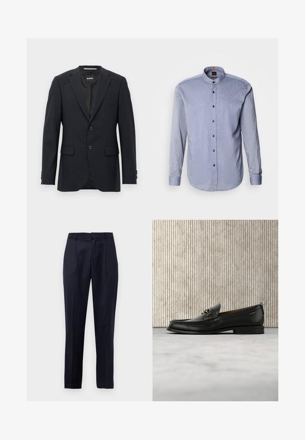 Dunkelgrauer, maßgeschneiderter Blazer mit dezentem Karomuster, Reverskragen, zwei vorderen Knöpfen, Klappentaschen und einem Markeninnenschild.; Hemd mit knöpfbarem Kragen aus hellblauem Stoff, mit Stehkragen, langen Ärmeln und dunkelblauen Knöpfen. Weiche Textur mit dezentem Muster.; Navyblaue maßgeschneiderte Anzughose mit Frontfalten, Gürtelschlaufen und konischem Beinansatz vor einem weißen Hintergrund.; Schwarzer Lederloafer mit goldfarbenem Metallbit und "HUGO"-Markenlogo, präsentiert vor einem beigen Teppich und braunen durchsichtigen Möbelstücken.