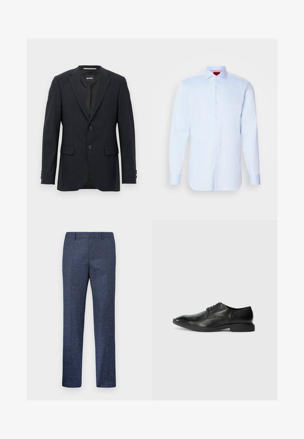 Tmavo šedý schopne prešitý blazer s jemným kockovaným vzorom, klopovými chlopňami, s dvoma prednými gombíkmi, s vreckami na chlopniach a so značkovým vnútorným štítkom.; Svetlo modrá košeľa s dlhým rukávom, so zapínaním na gombíky, rozloženým golierom a zaobleným lemom, s bielymi gombíkmi. Hladká tkanina s jemným leskom.; Pánske modré formálne nohavice s rovnou nohavicou, pútkami na opasok, predným záhybom a jemným textúrovaným vzorom.; Čierne kožené šaty s hladkou textúrou, špicatou špičkou, šesť očkami na šnurovanie a nízkym obdĺžnikovým podpätkom. Diskrétny branding na boku.