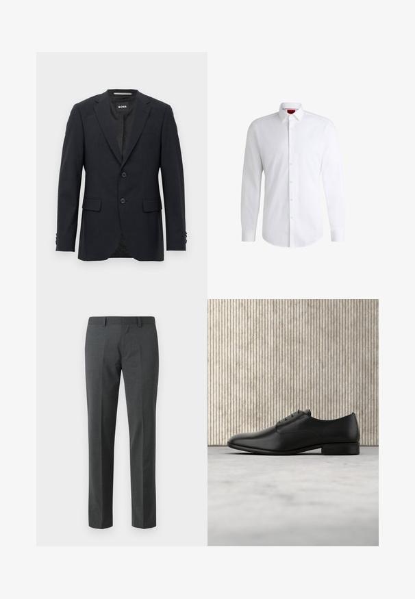 Dunkelgrauer, maßgeschneiderter Blazer mit dezentem Karomuster, Reverskragen, zwei vorderen Knöpfen, Klappentaschen und einem Markeninnenschild.; Weißes Herrenhemd aus glattem Stoff mit klassischem Kragen, langen Ärmeln und abgerundetem Saum. Mit eleganten beigen Knöpfen an der Vorderseite.; Dunkelgraue Anzughose aus einem glatten Stoff. Sie hat gerade Beine, eine flache Vorderseite und Gürtelschlaufen. Keine sichtbaren Muster oder Akzente.; Schwarze Leder-Halbschuh mit schlankem Design, runder Zehenform, fünf Ösen für die Schnürsenkel und einem kleinen, erhöhten Absatz. Dezentes, geprägtes Logodetail.
