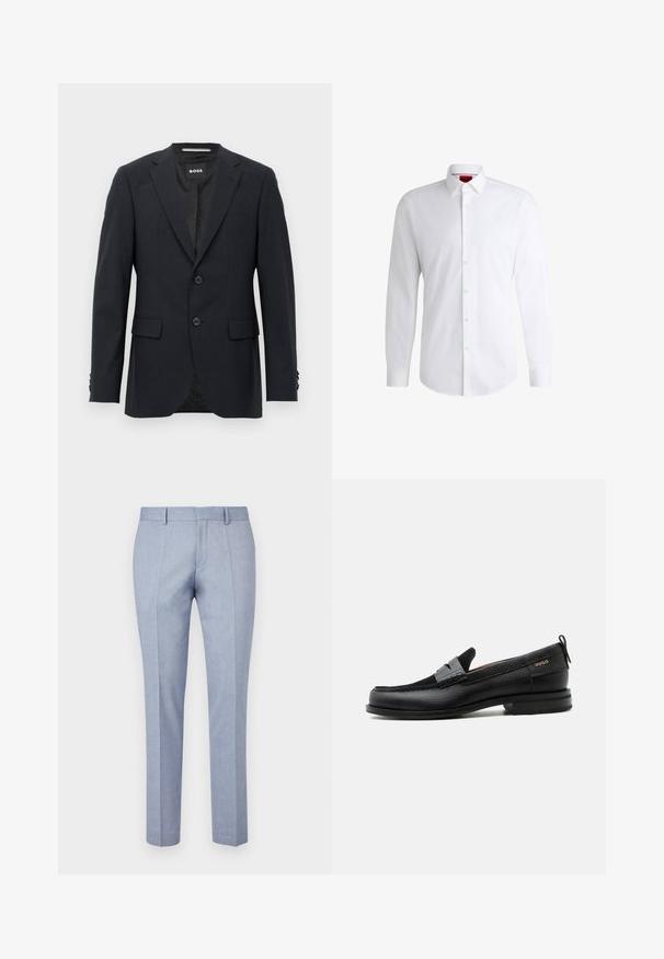 Tmavo šedý schopne prešitý blazer s jemným kockovaným vzorom, klopovými chlopňami, s dvoma prednými gombíkmi, s vreckami na chlopniach a so značkovým vnútorným štítkom.; Biela košeľa na gombíky vyrobená z hladkej látky s klasickým golierom, dlhými rukávmi a zaobleným lemom. Má béžové gombíky na prednej strane.; Svetlomodré nohavice na mieru s hladkou textúrou látky, so zplateným predným dielom, dvoma prednými vreckami a štíhlym strihom.; Čierny kožený mokasín so sivým remienkom, nízkym podpätkom a textúrovanou podrážkou, so značkou "HUGO" v zlatej farbe na boku.