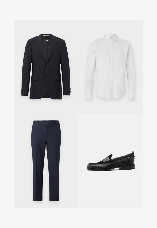 Tmavo šedý schopne prešitý blazer s jemným kockovaným vzorom, klopovými chlopňami, s dvoma prednými gombíkmi, s vreckami na chlopniach a so značkovým vnútorným štítkom.; Biela košeľa s dlhým rukávom a gombíkovým zapínaním vyrobená z hladkej látky; má klasický golier, gombíkové zapínanie a zaoblený lem.; Námornícke nohavice vyrobené z hladkej látky, s rovnými nohavicami, pútkami na opasok a jediným gombíkom na zapínanie v páse.; Čierny kožený mokasín so sivým remienkom, nízkym podpätkom a textúrovanou podrážkou, so značkou "HUGO" v zlatej farbe na boku.