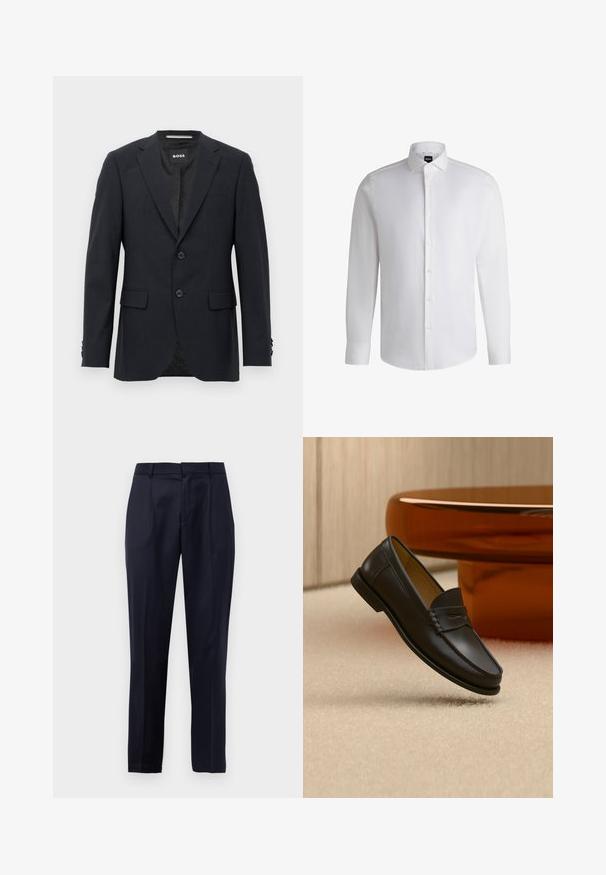 Dunkelgrauer, maßgeschneiderter Blazer mit dezentem Karomuster, Reverskragen, zwei vorderen Knöpfen, Klappentaschen und einem Markeninnenschild.; Weißes Langarmhemd aus glattem Baumwollstoff, mit klassischem Kragen, durchgehender Knopfleiste und geknöpften Manschetten. Minimalistisches Design.; Navyblaue maßgeschneiderte Anzughose mit Frontfalten, Gürtelschlaufen und konischem Beinansatz vor einem weißen Hintergrund.; Schwarzer Leder-Loafer, der über einem hellbeigen Teppich schwebt, mit bernsteinfarbenen modernen Möbeln im Hintergrund.
