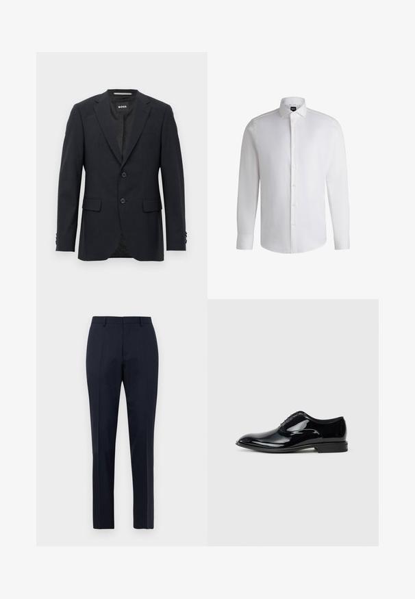 Mørkegrå skræddersyet blazer med subtilt ternet mønster, klapkrave, to frontknapper, klaplommer og mærket indvendig label.; Hvid langærmet skjorte lavet af glat bomuld, med klassisk krave, fuld knaplukning og knapmanchetter. Minimalistisk design.; Mørkeblå skræddersyede herrebukser med subtilt ternet mønster, bæltestropper og frontfold, vist forfra på hvid baggrund.; Sorte patentlæder kondisko med et strømlinet design, spids tå og seks snørrehuller; glat overflade og en lav hæl.