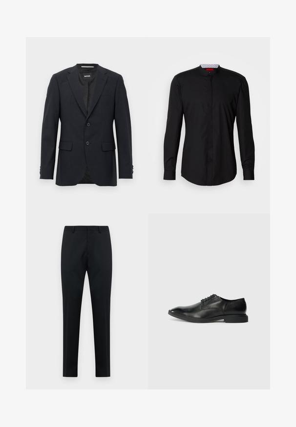 Blazer ajustado de color gris oscuro con un sutil patrón a cuadros, solapas tipo muesca, dos botones frontales, bolsillos con solapa y etiqueta interior de marca.; Camisa negra de manga larga con cuello mandarín, confeccionada en una tela suave, con cierre de botones en la parte delantera y detalles de diseño sutiles.; Pantalones formales de hombre negros, ajustados, con presillas para cinturón, frente plano y piernas rectas sobre un fondo blanco.; Zapato de vestir negro de cuero con una textura suave, punta afilada, diseño de cordones con seis ojales y un tacón rectangular bajo. Detalle de marca sutil en el lateral.