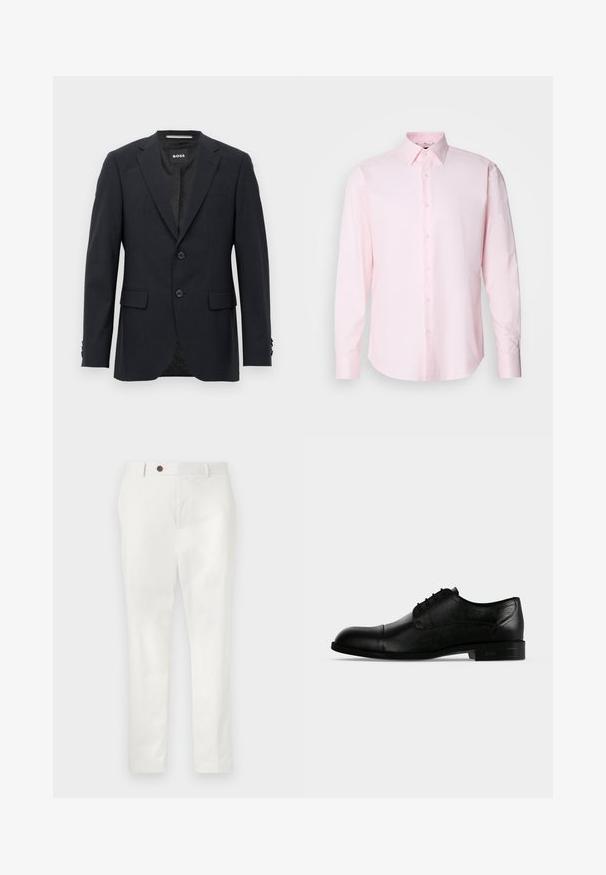 Blazer ajustado de color gris oscuro con un sutil patrón a cuadros, solapas tipo muesca, dos botones frontales, bolsillos con solapa y etiqueta interior de marca.; Camisa de manga larga de color rosa claro, confeccionada en tejido texturizado, con cuello estándar y cierre de botones en la parte delantera.; Pantalones blancos hechos de una tela ligera, con un diseño de pierna recta, un solo botón marrón en la cintura y un estilo minimalista.; Zapato masculino formal oxford de piel negra con cordones cerrados, puntera con tapa y tacón bajo apilado, mostrado desde el lado exterior.