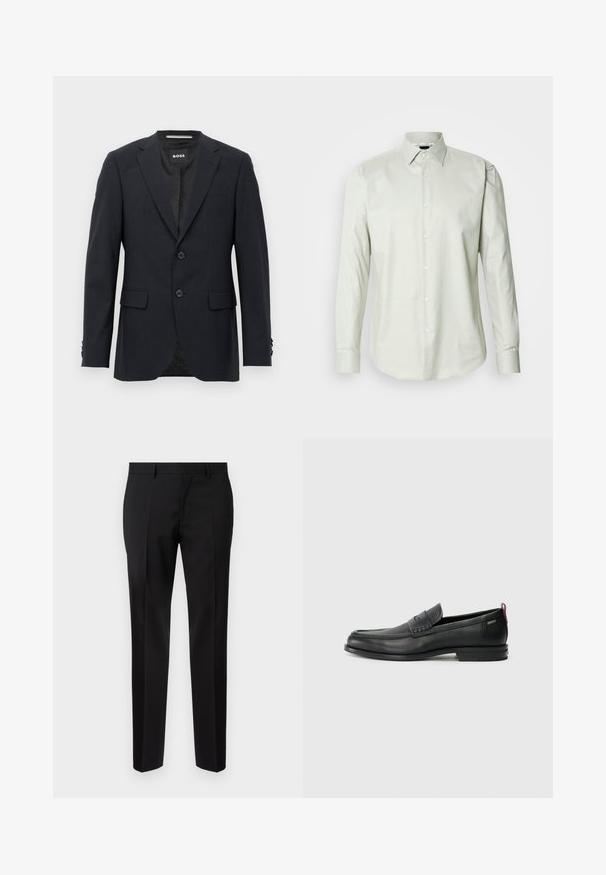 Tmavo šedý schopne prešitý blazer s jemným kockovaným vzorom, klopovými chlopňami, s dvoma prednými gombíkmi, s vreckami na chlopniach a so značkovým vnútorným štítkom.; Svetlozelená košeľa s dlhým rukávom, zapínaním na gombíky a štruktúrovaným golierom, s hladkou textúrou a predným zapínaním s bielymi gombíkmi.; Čierne upravené nohavice vyrobené z hladkej tkaniny, s rovnými nohavicami, rafinovanými záhybmi a klasickým pásom s pútkami na opasok.; Čierne kožené mokasíny s textúrovaným predným panelom a hladkými bokmi. Majú úzky podpätok a zadný pútko pre jednoduché obúvanie. Klasický dizajn.