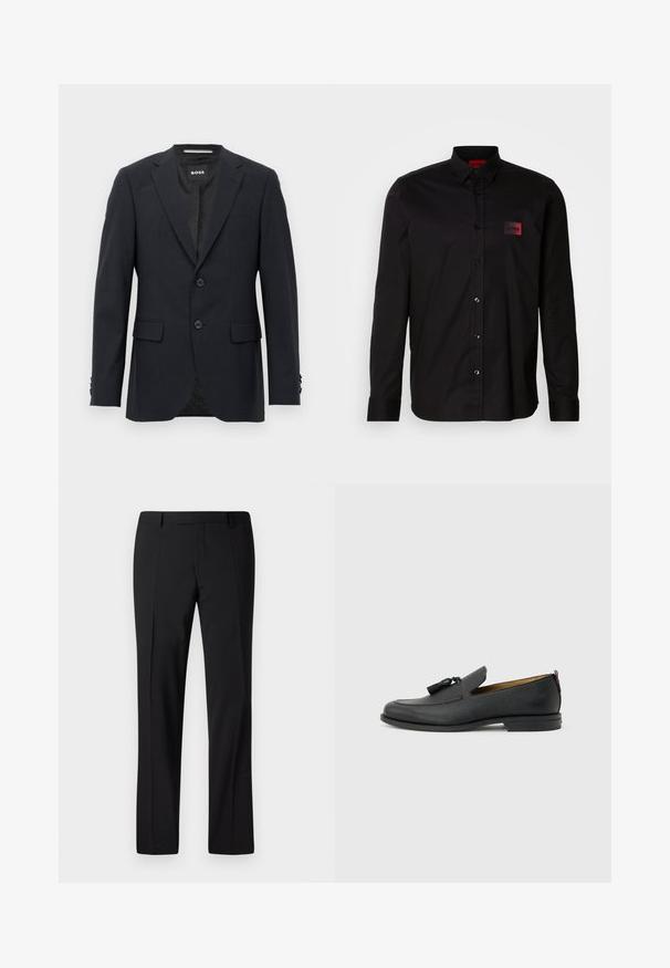 Dunkelgrauer, maßgeschneiderter Blazer mit dezentem Karomuster, Reverskragen, zwei vorderen Knöpfen, Klappentaschen und einem Markeninnenschild.; Schwarzes Langarmshirt aus glattem Stoff, mit Knopfverschluss, klassischem Kragen und einem kleinen roten Markenpatch auf der Brust.; Schwarze, maßgeschneiderte Hose mit geradem Bein, ausgestattet mit einer glatten Textur, gefaltetem Vorderteil und einem klassischen Bund für ein formelles Erscheinungsbild.; Schwarzer Herrenschuh aus Leder mit Quasten, runder Spitze, niedrigem Absatz und Zuglasche auf der Rückseite, seitlich auf hellem grauem Hintergrund dargestellt.