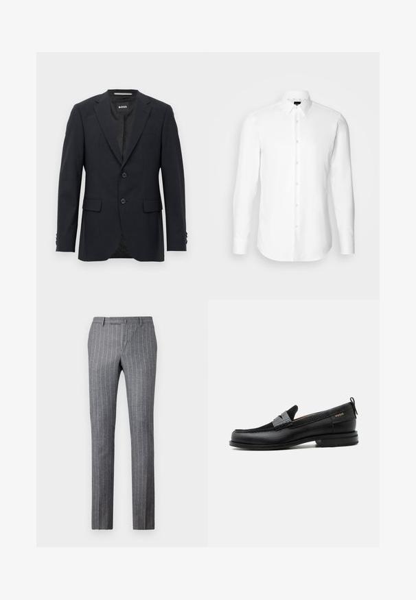 Donkergrijze op maat gemaakte blazer met een subtiel ruitpatroon, met een notch kraag, twee voorknopjes, klepzakken en een merklabel aan de binnenkant.; Witte blouse met lange mouwen, knoopsluiting aan de voorkant, klassieke kraag, gemaakt van gladde stof met een subtiele textuur, ontworpen voor een aansluitende pasvorm.; Grijze pinstriped broek gemaakt van textuurstof, met een klassiek ontwerp, rechte pasvorm en twee voorke pockets.; Zwarte leren loafer met grijs riemdetailelement, lage hak en gestructureerde zool, aan de zijkant gebrandmerkt met "HUGO" in goud.