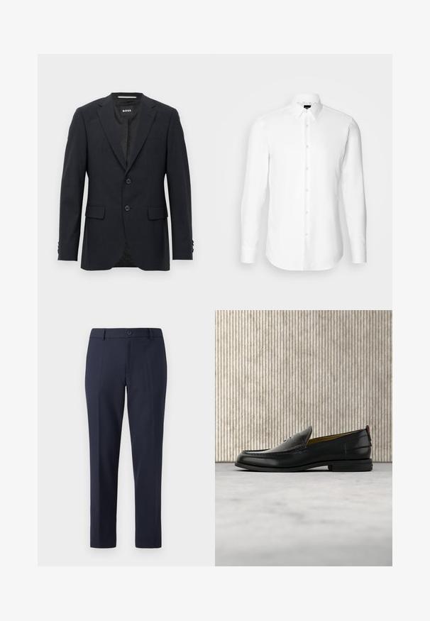 Blazer ajustado de color gris oscuro con un sutil patrón a cuadros, solapas tipo muesca, dos botones frontales, bolsillos con solapa y etiqueta interior de marca.; Camisa blanca de manga larga, con cierre de botones en el frente, cuello clásico, confeccionada con una tela suave con una textura sutil, diseñada para un ajuste entallado.; Pantalones de marina hechos de una tela suave, con un corte recto, presillas para cinturón y un cierre de botón único en la cintura.; Mocasín de cuero negro para hombre con empeine grabado en relieve de cocodrilo y tacón bajo, mostrado de perfil sobre un fondo neutro.