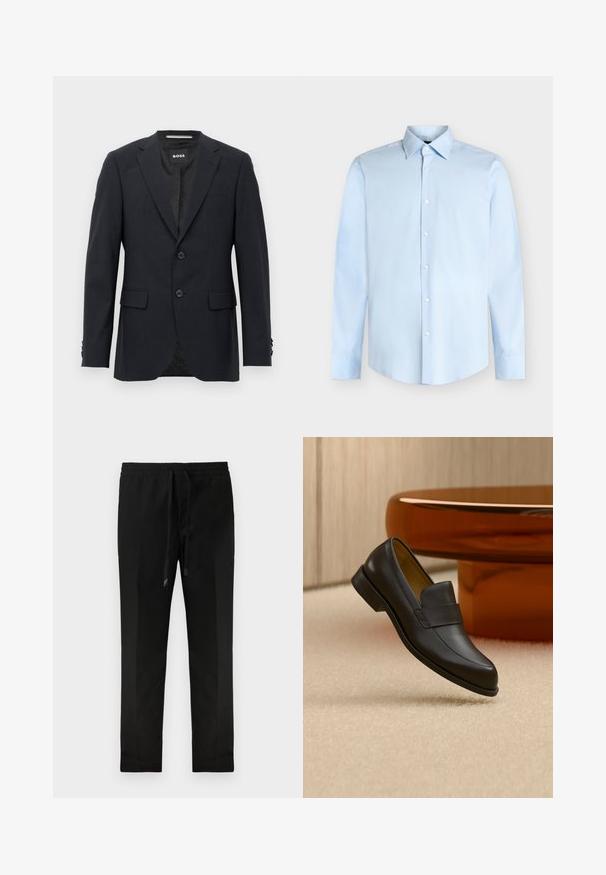 Mørkegrå skræddersyet blazer med subtilt ternet mønster, klapkrave, to frontknapper, klaplommer og mærket indvendig label.; Lyseblå herreskjorte med lange ærmer, knappelukning foran og spids krave, vist mod en hvid baggrund.; Sorte tapered bukser med elastisk talje og snor. Glat stof, minimalistisk design, ingen synlige lommer eller mønstre.; Sort læder loafers med lav hæl svævende over beige tæppe ved rundt brunt bord.