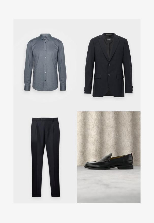 Tmavo šedý schopne prešitý blazer s jemným kockovaným vzorom, klopovými chlopňami, s dvoma prednými gombíkmi, s vreckami na chlopniach a so značkovým vnútorným štítkom.; Košeľa s dlhým rukávom v tmavošedej farbe, s golierom, prednými gombíkmi a manžetami. Hladká textúra a priliehavý strih.; Pánske čierne formálne nohavice s prednými záhybmi, opaskovými očkami, zapínaním na gombík a manžetovými lemami na bielom pozadí.; Pánska čierna kožená mokasína so vzorom krokodílej kože na priehlavku a nízkym podpätkom, zobrazená z profilu na neutrálnom pozadí.