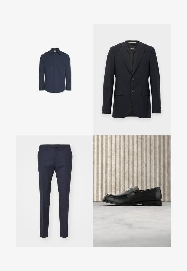 Dunkelgrauer, maßgeschneiderter Blazer mit dezentem Karomuster, Reverskragen, zwei vorderen Knöpfen, Klappentaschen und einem Markeninnenschild.; Marineblaues Hemd mit langen Ärmeln, Knöpfen, Kragen und Manschetten, mit einem Calvin Klein Etikett im Kragen.; Marineblaue, maßgeschneiderte Hosen mit glatter Textur, flachem Bund, Bügelfalten und schmalem Schnitt, geeignet für formelle Anlässe.; Schwarzer Lederloafer mit einer Metallmarkenplatte, der nahe einem braunen runden Tisch auf beigem Teppichboden ruht.