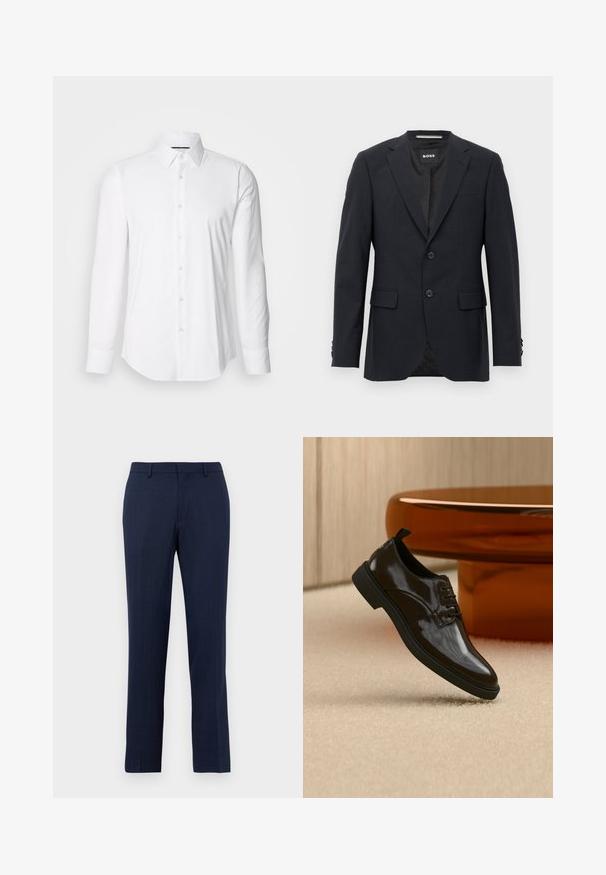 Dunkelgrauer, maßgeschneiderter Blazer mit dezentem Karomuster, Reverskragen, zwei vorderen Knöpfen, Klappentaschen und einem Markeninnenschild.; Weißes Langarmhemd aus glattem Stoff mit klassischem Kragen und durchgehender Knopfleiste, das einen abgerundeten Saum hat. Die Knöpfe sind dezent glänzend.; Marineblaue maßgeschneiderte Hose mit Gürtelschlaufen, Reißverschluss vorne und geradem Bein, vor einem schlichten weißen Hintergrund.; Schwarzer glänzender Lederschnürschuh, der über einem beigen Teppich mit einem glänzenden braunen runden Tisch im Hintergrund schwebt.