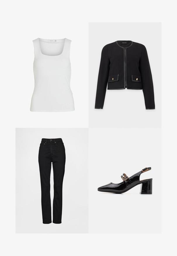 Veste courte noire à manches longues avec encolure ronde, fermeture éclair devant, deux poches à rabat avec boutons dorés et détails en cuir.; Débardeur blanc sans manches avec un décolleté carré, texture lisse et design ajusté. Fabriqué en tissu léger.; Jean noir taille haute avec coupe droite, fabriqué en denim, doté d'une fermeture par bouton métallique et de détails de couture simple.; Des chaussures slingback en cuir verni noir avec un bout pointu, un talon bloc moyen et deux brides ajustables en or sur le dessus.