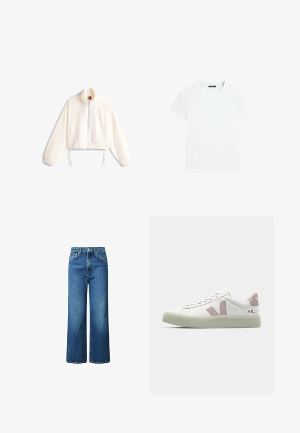 Witte lichtgewicht jas met rits aan de voorkant, elastische manchetten, treksnoer aan de zoom en een klein rood-wit-blauw logo op de linkerborst.; Effen wit t-shirt met korte mouwen en ronde hals, plat gelegd op een witte achtergrond.; Wide-leg jeans van blauwe denim, met een hoge taille, knoopsluiting aan de voorkant en gestikte details. Geen patronen of versieringen.; Witte sneaker met een gestructureerde leren bovenkant, roze logo-accenten en een lichtgroene rubberen zool. Voorzien van een vetersluiting en een minimalistisch ontwerp.